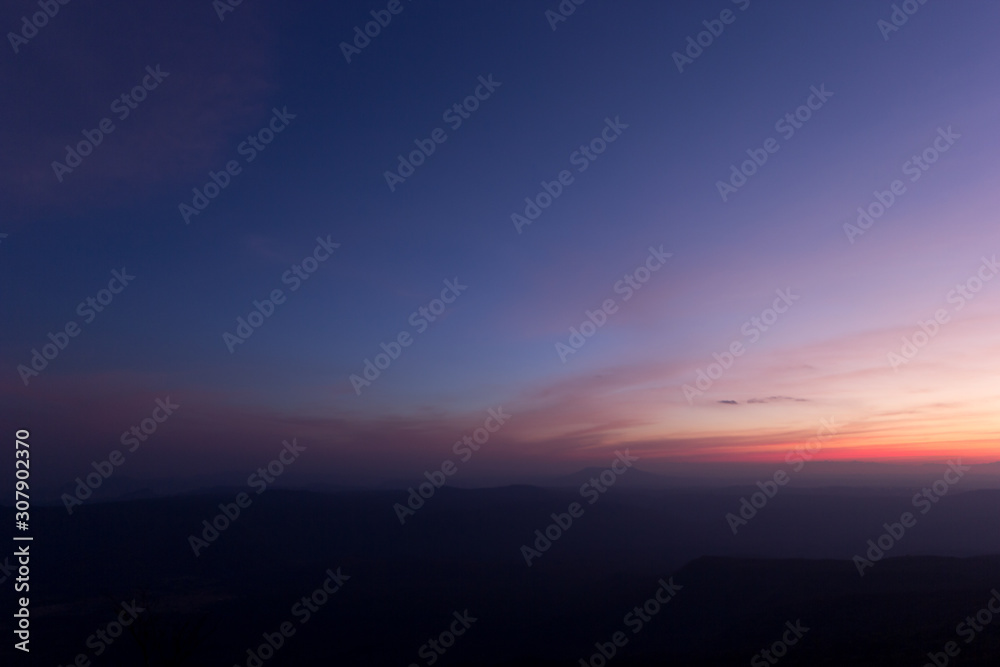 The twilight after sunset in the mountains at Phu-Kradueng in Loei, Thailand.