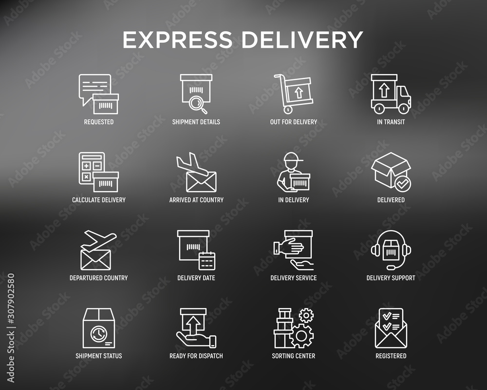 Express delivery thin line icons set: parcel, truck, out for delivery, searchong of shipment, courier, sorting center, dispatch, registered, delivered. Modern vector illustration.