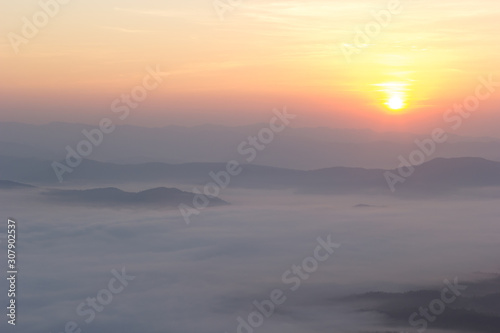 Sunset over the sea of mist at Doi-Samer-Dao in Nan, Thailand.