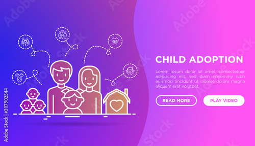 Child adoption concept with thin line icons: adoptive parents, orphan, home care, custody, caregivers, happy kid. Vector illustration, web page template with copy space.