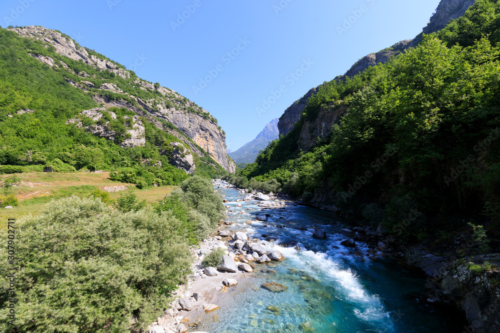 Mountainous landscape with green forests and clear rivers in the northern Dinaric Alps in Albania
