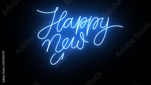 Happy New Year blue neon inscription - animation in 4K UHD 2160p