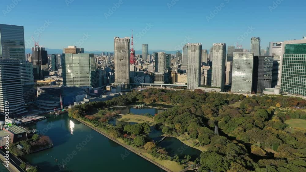 Aerial view of cityscape of Tokyo at sunrise, Hamarikyu Gardens and skyscrapers skyline of modern Japanese capital city, clear blue sky - landscape panorama of Japan from above, Asia Aerial view of cityscape of Tokyo at sunrise, Hamarikyu Gardens and skyscrapers skyline of modern Japanese capital city, clear blue sky - landscape panorama of Japan from above, Asia