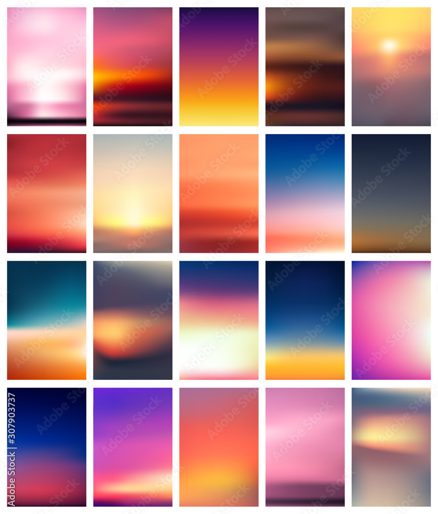 Set of colorful sunset and sunrise cards. Blurred modern gradient mesh background.
