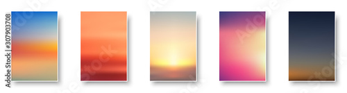 Set of colorful sunset and sunrise sea. Blurred modern gradient mesh background paper cards. © Vjom