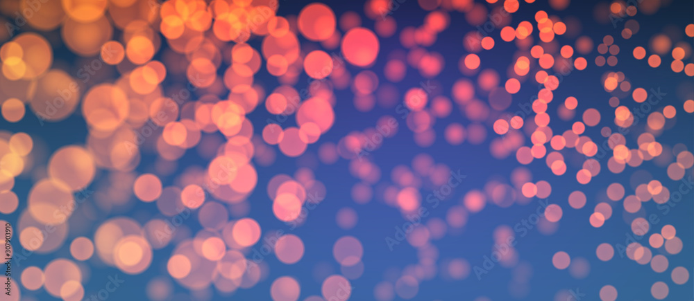 Christmas and New Year card with orange defocused ligths on blue. - obrazy, fototapety, plakaty 