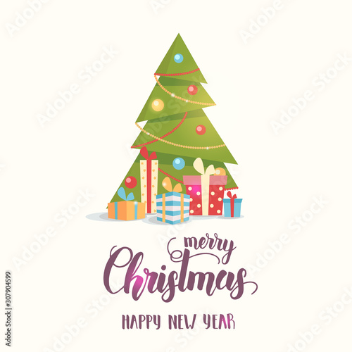 Decorated X mas tree with gift boxes isolated on white. Flat style illustration. Happy New Year 2020 and merry  Christmas. Hand made Lettering