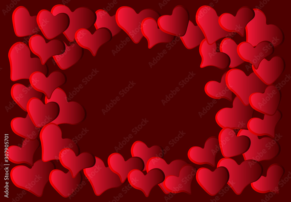 frame of unusual bright red with a gradient filling of hearts with a dark stroke of different shapes on a burgundy background