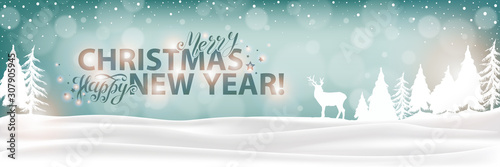 Happy Holidays Winter Landscape Background. Christmas and Happy New Year lettering banner. Xmas Vector Card. Deer And Fir Tree Decoration