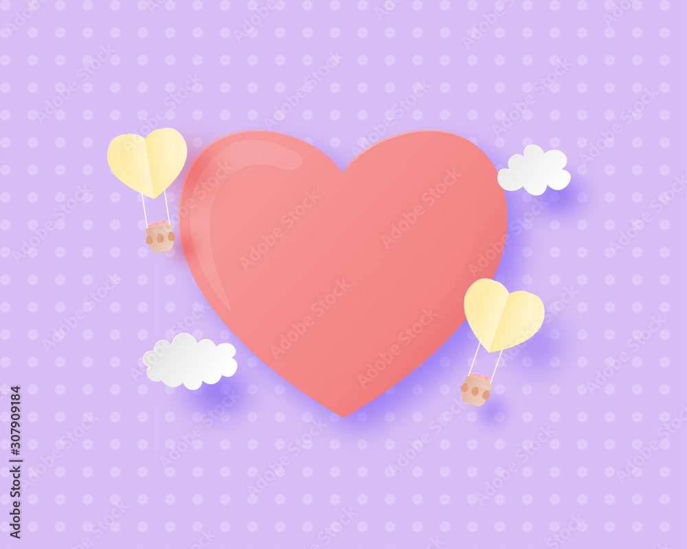 Illustration of love a heart shape with hot air balloon and clouds in paper cut style. Digital craft paper art Valentine's day concept.