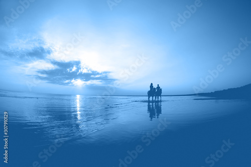 People in love at sunset in the sea