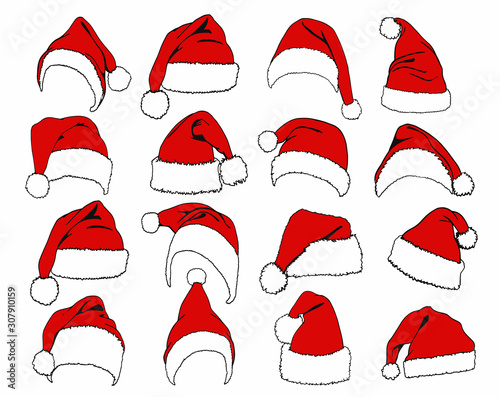 Graphical set of red  Santa Claus hats isolated on white background,new year illustration