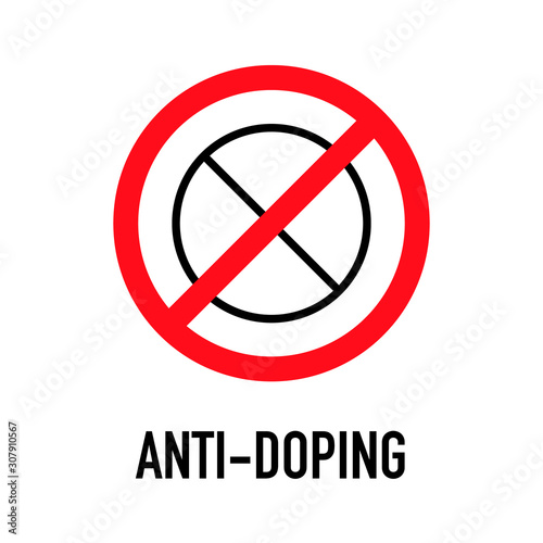 No doping logotype design with sign. Isolated vector illustration. Medical control, clean sport test. Prohibited pills, drugs alert sticker.