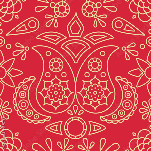 Seamless pattern with indian ornamnet paisley and asian flower