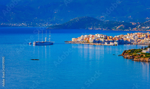 Four-masted passenger sailboat off the coast of Agios Nikolaos, Crete, Greece