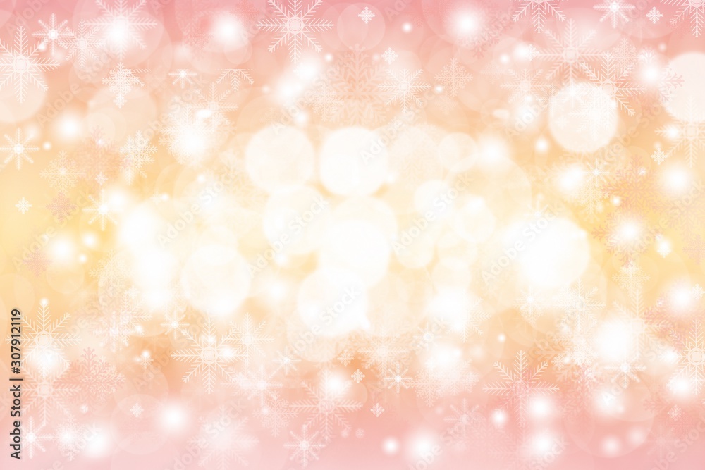Pink yellow abstract background with white snowflakes winter and bokeh stars blurred beautiful shiny light, use illustration Christmas new year wallpaper backdrop and texture your product.