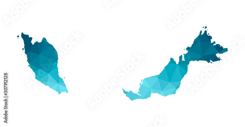 Vector isolated illustration icon with simplified blue silhouette of Malaysia map. Polygonal geometric style, triangular shapes. White background