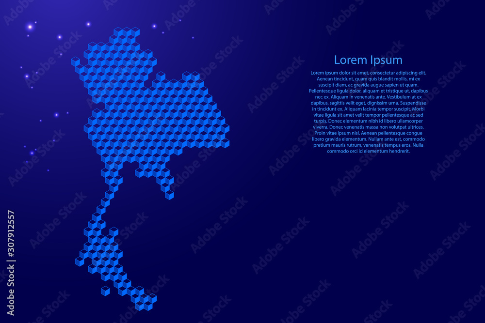 Thailand map from 3D blue cubes isometric abstract concept, square pattern, angular geometric shape, glowing stars. Vector illustration.