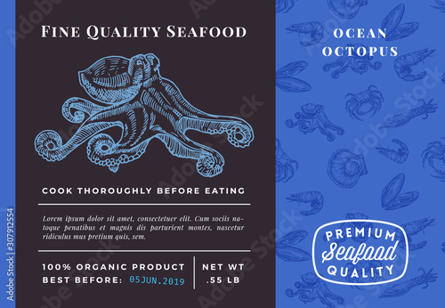 Premium Quality Seafood Abstract Vector Octopus Packaging Design or Label. Modern Typography and Hand Drawn Sketch Seamless Pattern Background Layout of Shrimps, Scallops, Squids and Crabs