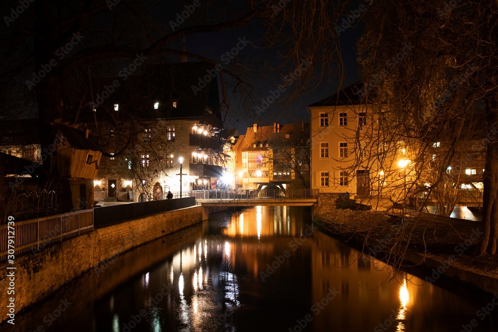 view to Kramer bridge in Erfurt at night