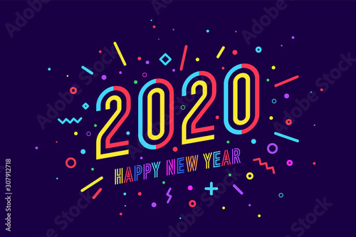 2020, Happy New Year. Greeting card with text Happy New Year 2020. Geometric memphis bright style for Happy New Year 2020 or Merry Christmas. Holiday background, poster. Vector Illustration