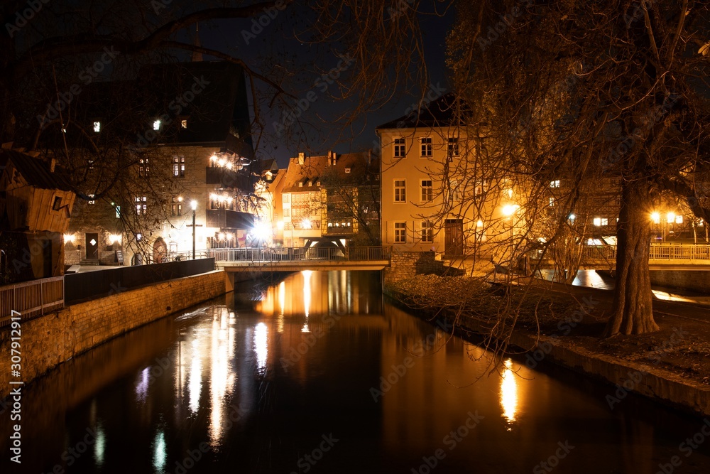 view to Kramer bridge in Erfurt at night