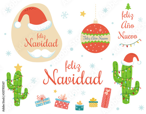 Spanish Mexican Christmas clip art elements set Text Feliz Navidad Christmas cactus Santa hat ball Vector