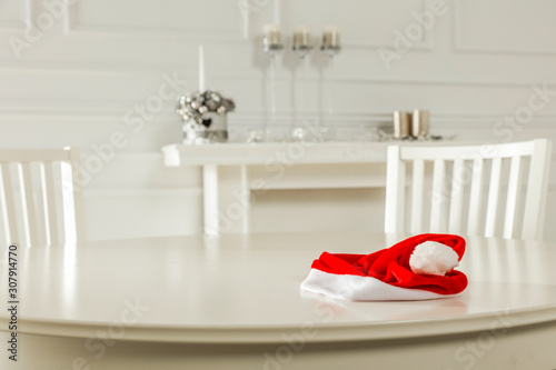 White wooden table of free space for your decoration.Christmas time and fireplace.Copy space. 