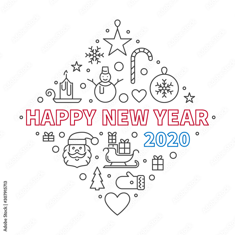 Happy New Year 2020 concept outline vector illustration or greeting card
