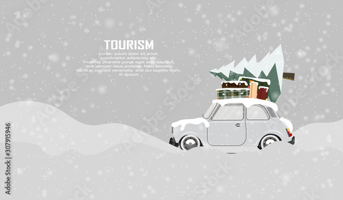 Winter holidays by car. Trip on a winter vacation in the mountains, forest. Travel to world by car. Christmas, winter wether. Nappy new year. Vector design for banner, post