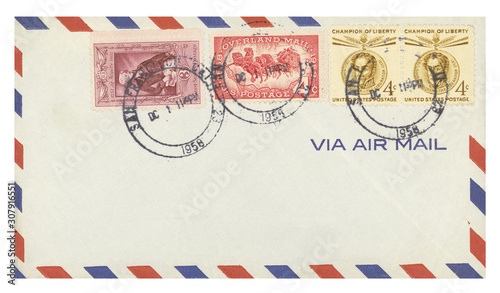 Luftpost airmail USA Amerika vintage retro Umschlag envelope Briefmarken stamps gestempelt used alt old Kutsche 1958 La Fayette Postkutsche Medaille Champion of Liberty photo