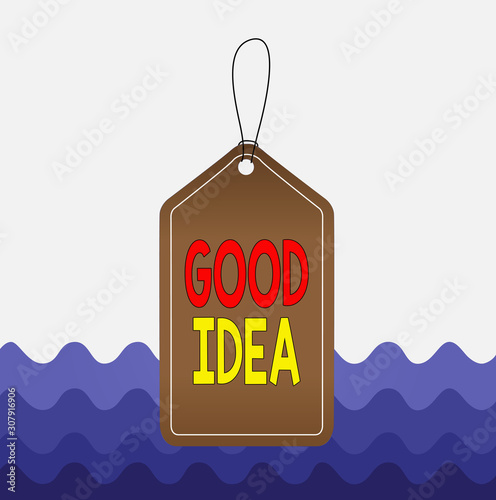 Conceptual hand writing showing Good Idea. Concept meaning an excellent suggestion and plan for achieving something Empty tag colorful background label rectangle attach string photo