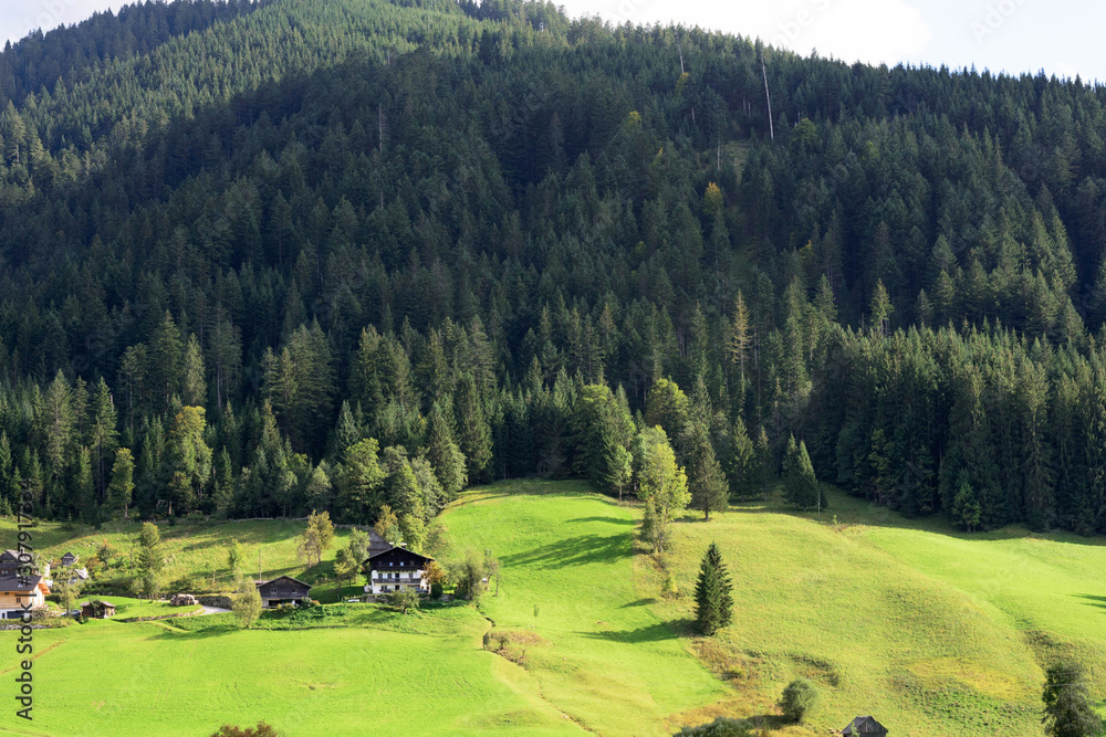 Early morning in Austria. Traditional Austrian landscape: mountains, cozy houses and green lawns. Euro trip. Feeling of calm and stability.