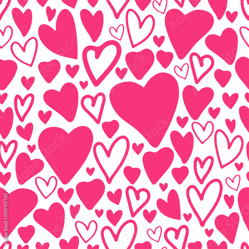 Seamless pattern with pink hearts isolated on white background. Valentine s Day