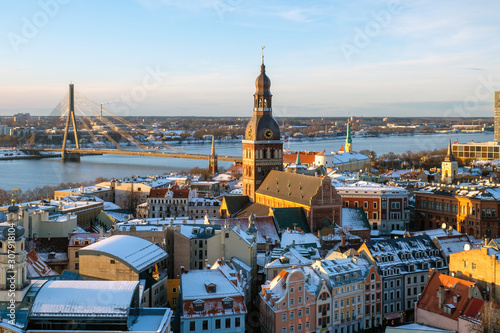 Panorama view from Riga cathedral on old town of Riga, Latvia. Aerial view on Riga city centre in sunny winter day.