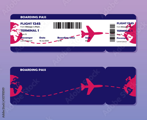 Flat design of airline travel boarding pass. Vector template or mock up isolated on color background. Front and back side tickets.	