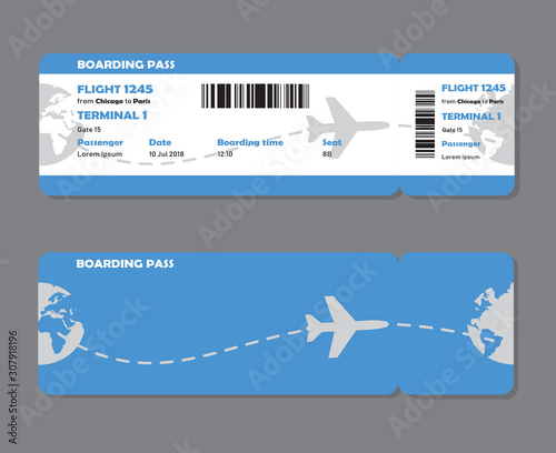 Flat design of airline travel boarding pass. Vector template or mock up isolated on grey background. Front and back side tickets.	