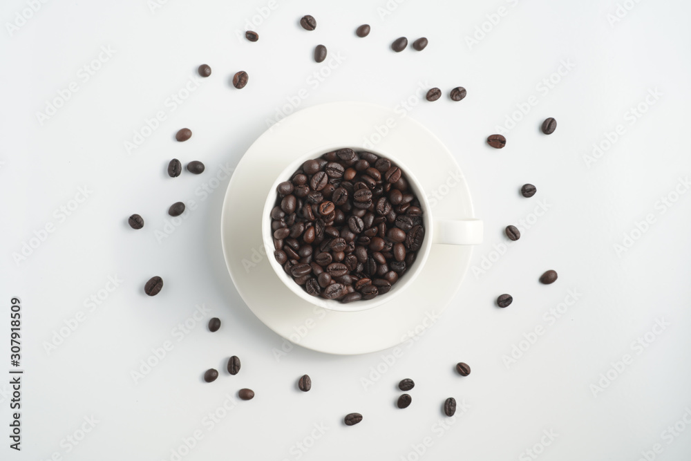 coffee bean in cup top view center frame with white background coffee bean in cup top view center frame with white background