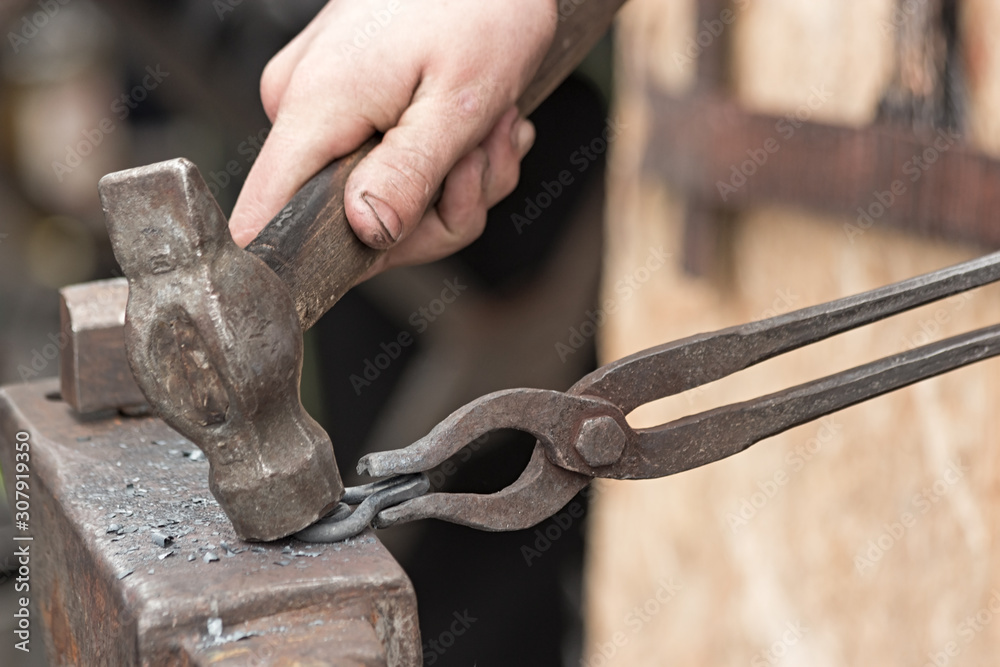 The blacksmith makes an iron loop with a hammer and tongs, forging on the anvil.