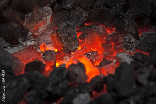 Embers glow in a bonfire, close view. Fire, heat, coal and ash with flying sparks.