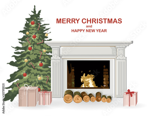 Merry christmas composition with chimney, green tree, wood and gifts. New year holiday vector