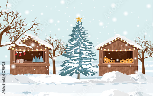 Christmas fair market stand with holiday products for sale. Gifts, stockings and bakery products. Vector