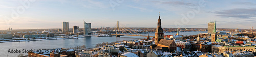 Beautiful wide panorama old town of Riga, Latvia. Aerial View from St. Peter's Church
