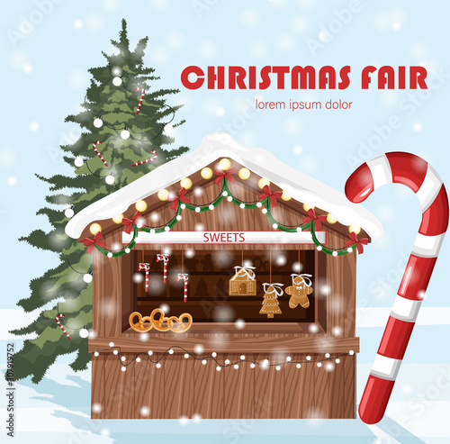 Christmas fair market stand with sweets for sale. Gifts, stockings and bakery products. Vector