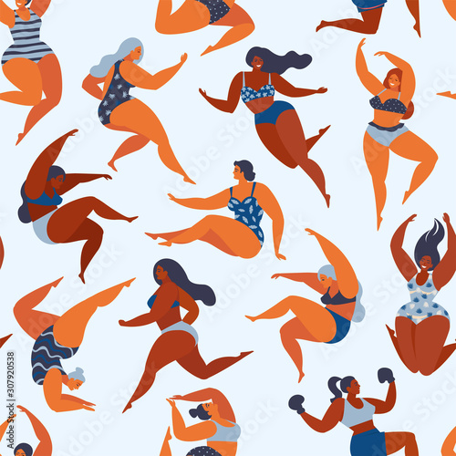 Trendy pattern with girls in summer swimsuits. Body positive. Vector seamless pattern.