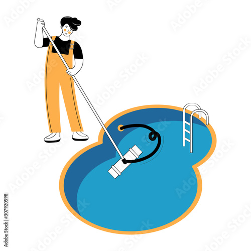 Swimming pool service worker with net cleaning water. Pool and outdoor cleaning, swimming pool service, outdoor cleaning company concept. Man cleans the pool with vacuum cleaner. Vector