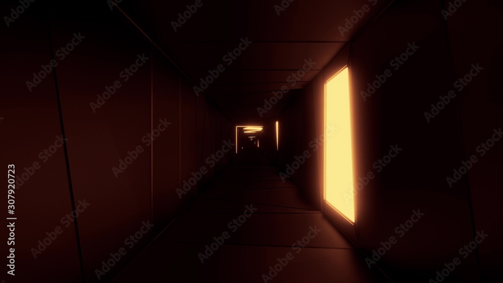 highly abstract design tunnel corridor with glowing light patterns 3d illustration wallpaper background