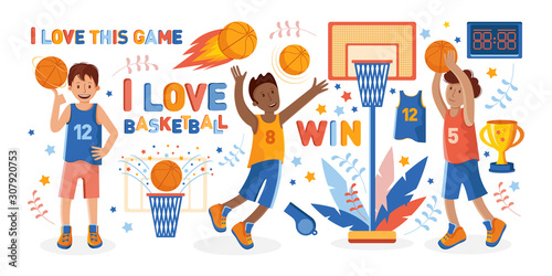 Sports set on the theme of basketball. Athletes and various attributes for basketball in flat vector. Cartoon illustration in children s style. Sports lifestyle. Poster design concept, sticker,