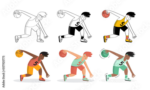 Set of basketball player in different styles. A young male athlete plays with a sword for basketball. Sports game with the ball. Isolated object on white background in vector.