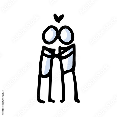 Hand Drawn Romantic Stick Figure Couple Kissing. Concept of Love Relationship. Simple Icon Motif for Dating Pictogram. Heart, Romance, Valentines Day, Anniversary Bujo Illustration. Vector EPS 10. 